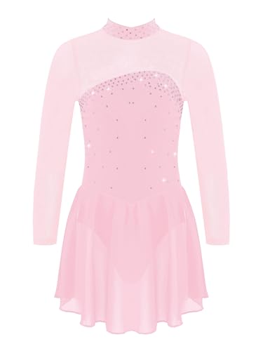 Alvivi Mädchen Eiskunstlauf Kleid Glitzer Ballettkleid Langarm Rollkunstlauf Kleid mit Chiffon Rock Latein Tanzkleid Eislaufen Wettbewerb Tanzkleidung Rosa 158-164 von Alvivi