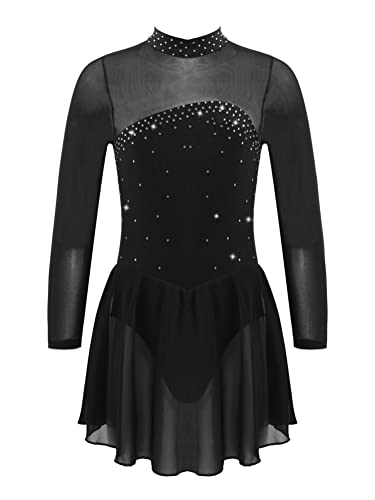 Alvivi Mädchen Eiskunstlauf Kleid Glitzer Ballettkleid Langarm Rollkunstlauf Kleid mit Chiffon Rock Latein Tanzkleid Eislaufen Wettbewerb Tanzkleidung Schwarz 134-140 von Alvivi