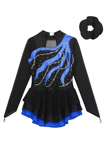 Alvivi Mädchen Eiskunstlauf Kleid Langarm Ballettkleid mit Strass Rollschuhkleid Glitzer Tanzkleid Latein Eislaufen Wettbewerb Tanzkleidung A Royal Blau A 170-176 von Alvivi