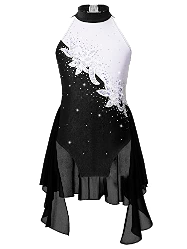 Alvivi Mädchen Eiskunstlauf Kleid Rollschuhkleid Glitzer Ballettkleid mit Pailletten Strass Tanzkostüm Ballerina Latein Tanzkleid Wettbewerb Performance D Schwarz 134-140 von Alvivi