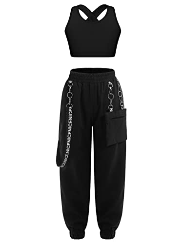 Alvivi Mädchen Hip Hop Kleidung Hoodie Crop Tops Fischnetz Shirt + Sport BH Bustier Tops + Leggings Sportanzug Trainingsanzug Gr.110-176 B Schwarz 2PCS 134-140 von Alvivi