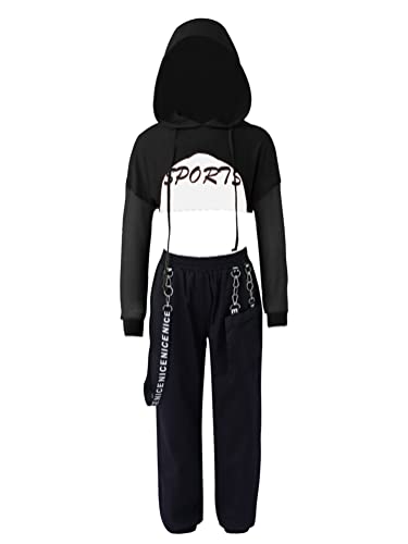 Alvivi Mädchen Hip Hop Kleidung Set Sport Langarmshirt Crop Tops + Sport Bra Bustier + Cargohose Trainingsanzug Jazz Street Dance Tanz Outfits A Schwarz 134-140 von Alvivi