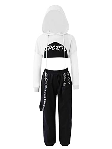 Alvivi Mädchen Hip Hop Kleidung Set Sport Langarmshirt Crop Tops + Sport Bra Bustier + Cargohose Trainingsanzug Jazz Street Dance Tanz Outfits A Weiß 134-140 von Alvivi