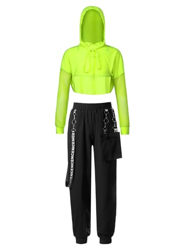 Alvivi Mädchen Hip Hop Kleidung Set Sport Langarmshirt Crop Tops + Sport Bra Bustier + Cargohose Trainingsanzug Jazz Street Dance Tanz Outfits Ab Fluorescent Grün 158-164 von Alvivi