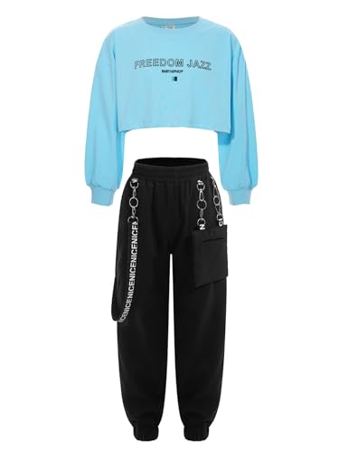 Alvivi Mädchen Hip Hop Kleidung Set Sport Langarmshirt Crop Tops + Sport Bra Bustier + Cargohose Trainingsanzug Jazz Street Dance Tanz Outfits Ae Himmelblau 170-176 von Alvivi