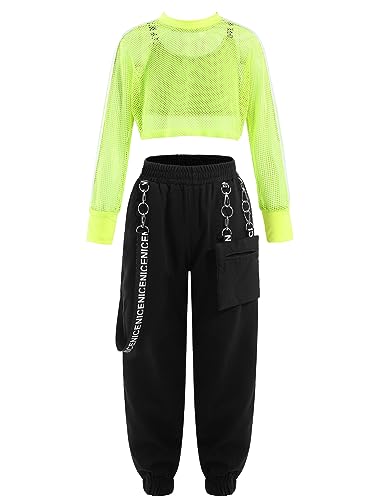 Alvivi Mädchen Hip Hop Kleidung Set Sport Langarmshirt Crop Tops + Sport Bra Bustier + Cargohose Trainingsanzug Jazz Street Dance Tanz Outfits Af Leuchtendes Grün 134-140 von Alvivi