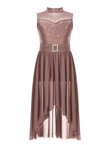 Alvivi Mädchen Lyrisch Tanzkleid Glitzer Ballettkleid Eiskunstlauf Kleid mit Rock Latein Ballerina Kleid Modern Contemporary Jazz Tanzkleidung Braun 134-140 von Alvivi