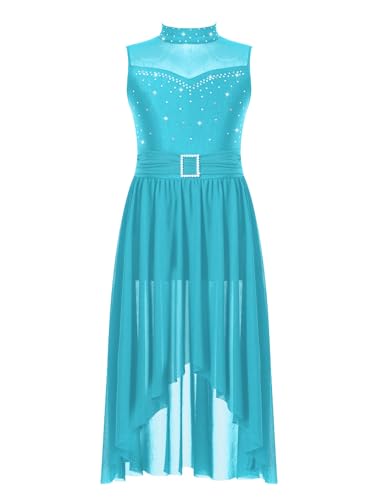 Alvivi Mädchen Lyrisch Tanzkleid Glitzer Ballettkleid Eiskunstlauf Kleid mit Rock Latein Ballerina Kleid Modern Contemporary Jazz Tanzkleidung Türkis 134-140 von Alvivi