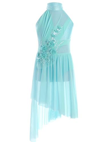 Alvivi Mädchen Lyrisch Tanzkleid Glitzer Eiskunstlauf Kleid mit Asymmetrisch Rock Ballettkleid Modern Dance Contemporary Tanzkleidung Hell Blau 122-128 von Alvivi