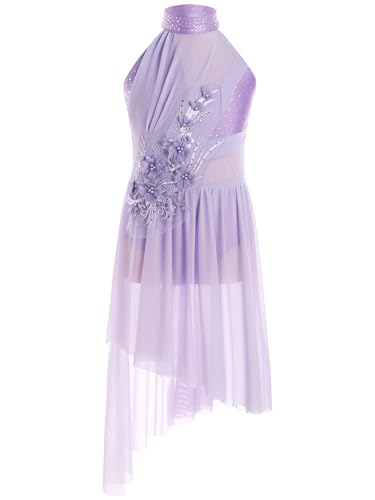 Alvivi Mädchen Lyrisch Tanzkleid Glitzer Eiskunstlauf Kleid mit Asymmetrisch Rock Ballettkleid Modern Dance Contemporary Tanzkleidung Hell Lila 122-128 von Alvivi