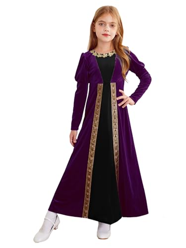 Alvivi Mädchen Mittelalter Kleid Renaissance Kleid Viktorianischen Kleider Samt Langarm Vintage Retro Maxikleid Halloween Karneval Fasching Partykleid Lila 146-152 von Alvivi