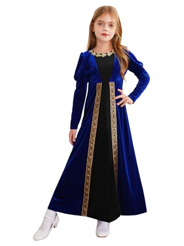 Alvivi Mädchen Mittelalter Kleid Renaissance Kleid Viktorianischen Kleider Samt Langarm Vintage Retro Maxikleid Halloween Karneval Fasching Partykleid Royal Blau 134-140 von Alvivi