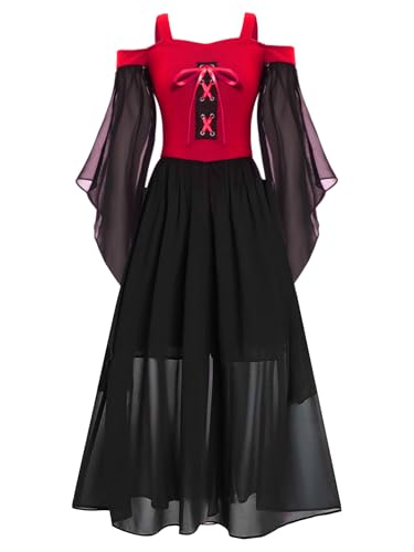 Alvivi Mädchen Mittelalter Kleid Schulterfrei Viktorianischen Renaissance Kleid Vintage Retro Maxikleid Halloween Karneval Fasching Rot 146-152 von Alvivi