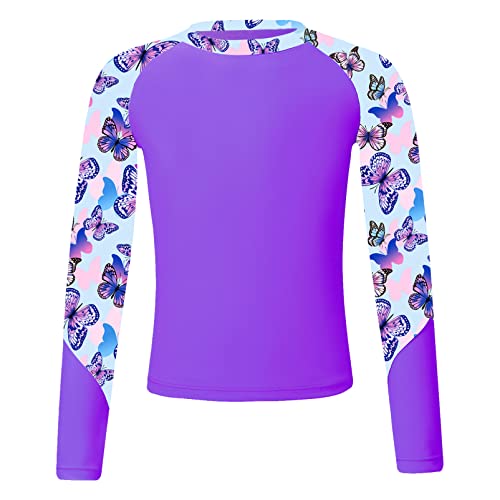 Alvivi Mädchen Rash Guard Langarm UV Badeshirt Meerjungfrau Einhörner Langarm T-Shirt Schwimmshirt Badebekleidung B Lila 134-140 von Alvivi