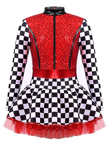 Alvivi Mädchen Rennfahrer Kostüm Rennauto Fahrer Kostüm Pailletten Langarm Tutu Kleid Cosplay Halloween Karneval Fasching Mottoparty Rot 122-128 von Alvivi
