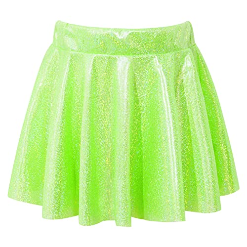 Alvivi Mädchen Rock Glänzend Metallic Minirock A-Line Skater Rock Faltenrock Ballett Tanz Sport Tutu Rock C Fluorescent Grün 140-152 von Alvivi