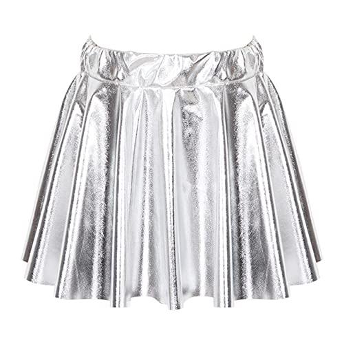 Alvivi Mädchen Rock Metallic Minirock Faltenrock Glänzend A-Line Skater Rock Ballett Tanzrock Sport Tutu Rock D Silber 170-176 von Alvivi