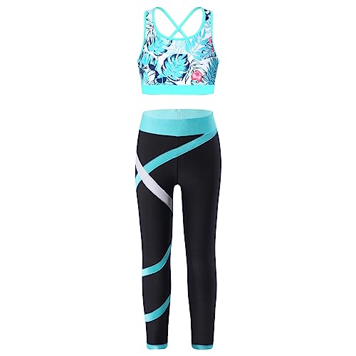 Alvivi Mädchen Sport Set Trainingsanzug Sport Bra Bustier Tops mit Sport Hose Leggings Sportanzug Jogginganzug Yoga Fitness Training Ba Blätter 146-152 von Alvivi