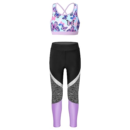 Alvivi Mädchen Sport Set Trainingsanzug Sport Bra Bustier Tops mit Sport Hose Leggings Sportanzug Jogginganzug Yoga Fitness Training D Schmetterling&Lavendel 146-152 von Alvivi