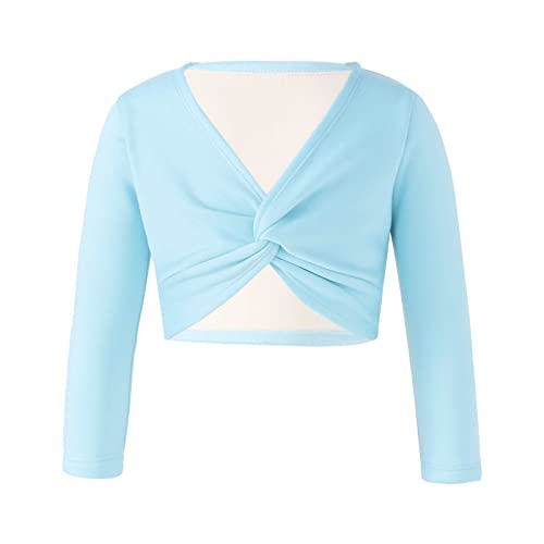 Alvivi Mädchen Sport Crop Tops Langarm Shirt Ballettjacke Wickeljacke Bolero Bauchfrei Oberteile Tanz Gymnastik Training Yoga Tops Ac Hell Blau 122-128 von Alvivi