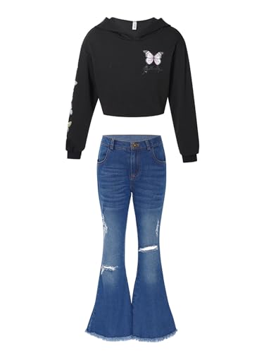 Alvivi Mädchen Sweatshirt Einhörner Pullover Langarmshirt mit Jeans Schlaghose Freizeitanzug Sport Jogginganzug Streetwear A Schwarz 158-164 von Alvivi