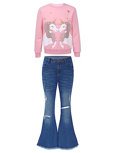 Alvivi Mädchen Sweatshirt Einhörner Pullover Langarmshirt mit Jeans Schlaghose Freizeitanzug Sport Jogginganzug Streetwear B Rosa 134-140 von Alvivi