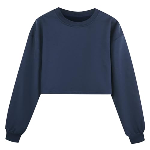 Alvivi Mädchen Sweatshirt Pullover Baumwolle Langarmshirt Sport Crop Tops Bauchfrei Oberteile Hip Hop Jazz Street Dance Outfit Gr.98-176 Marine Blau 146-152 von Alvivi