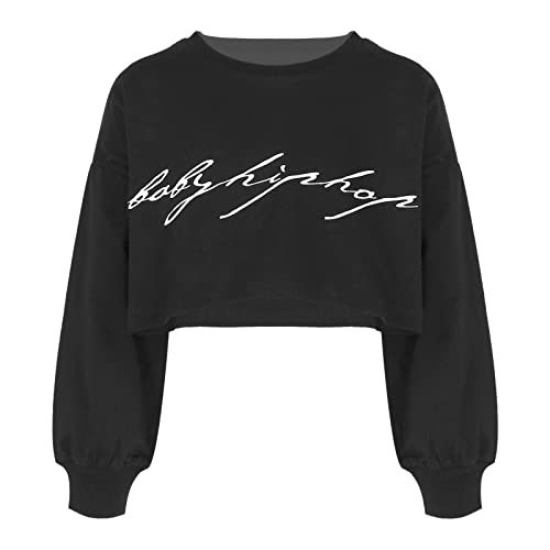 Alvivi Mädchen Sweatshirt Pullover Langarmshirt mit Buchstaben Druck Sport Crop Tops Bauchfrei Oberteile Streetwear Gr.98-188 A Schwarz 110-116 von Alvivi