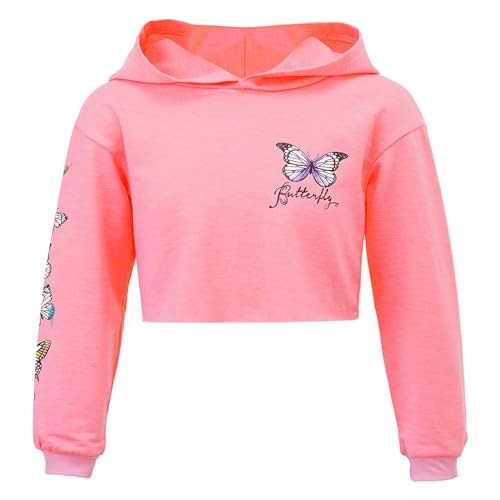 Alvivi Mädchen Sweatshirt Schmetterling Langarmshirt Crop Tops Bauchfrei Oberteile Kinder Hoodie Pullover Pulli Streetwear Gr.98-176 Rosa 146-152 von Alvivi