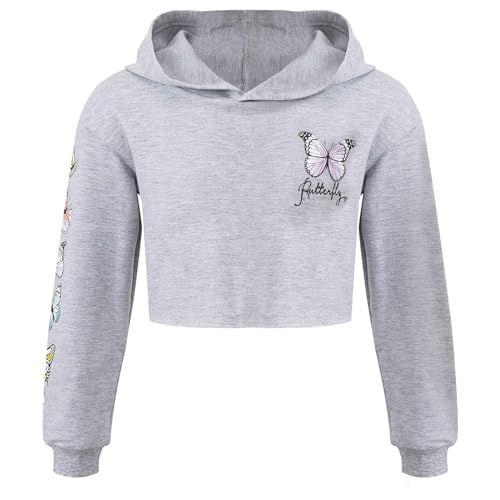 Alvivi Mädchen Sweatshirt Schmetterling Langarmshirt Crop Tops Bauchfrei Oberteile Kinder Hoodie Pullover Pulli Streetwear Gr.98-176 Ab Grau 122-128 von Alvivi