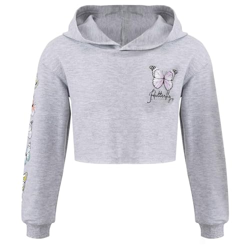 Alvivi Mädchen Sweatshirt Schmetterling Langarmshirt Crop Tops Bauchfrei Oberteile Kinder Hoodie Pullover Pulli Streetwear Gr.98-176 Grau 134-140 von Alvivi