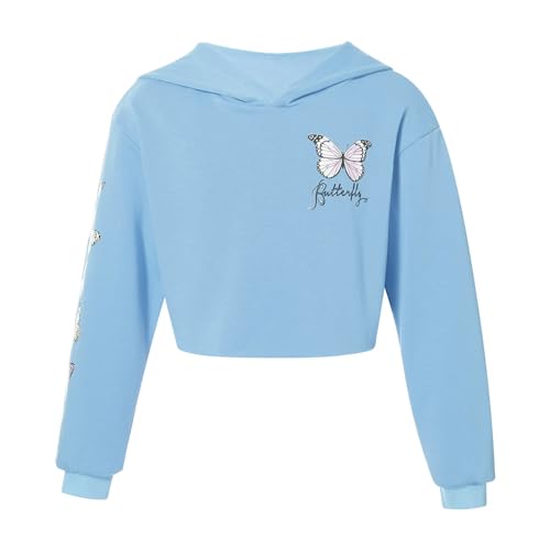 Alvivi Mädchen Sweatshirt Schmetterling Langarmshirt Crop Tops Bauchfrei Oberteile Kinder Hoodie Pullover Pulli Streetwear Gr.98-176 Ab Hellblau 122-128 von Alvivi