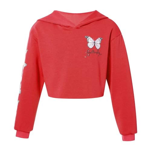 Alvivi Mädchen Sweatshirt Schmetterling Langarmshirt Crop Tops Bauchfrei Oberteile Kinder Hoodie Pullover Pulli Streetwear Gr.98-176 Rot 134-140 von Alvivi