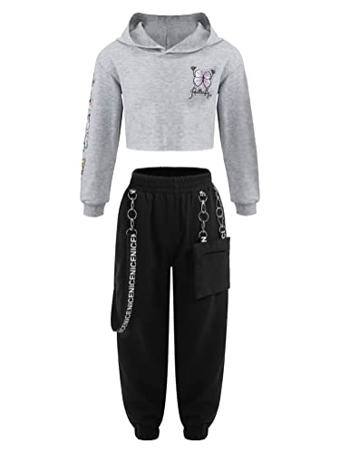 Alvivi Mädchen Sweatshirt Schmetterling Langarmshirt Crop Tops Bauchfrei Oberteile mit Fitness Jogginghose Tanz Yoga Trainingsanzug Sportswear B Grau 170-176 von Alvivi