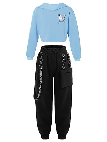 Alvivi Mädchen Sweatshirt Schmetterling Langarmshirt Crop Tops Bauchfrei Oberteile mit Fitness Jogginghose Tanz Yoga Trainingsanzug Sportswear Ba Hellblau 134-140 von Alvivi