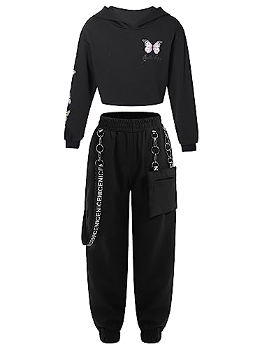 Alvivi Mädchen Sweatshirt Schmetterling Langarmshirt Crop Tops Bauchfrei Oberteile mit Fitness Jogginghose Tanz Yoga Trainingsanzug Sportswear Ba Schwarz 122-128 von Alvivi