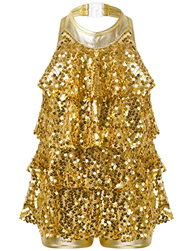 Alvivi Mädchen Tanzkleid Glänzend Pailletten Kleid Latein Rumba Cha Cha Tango Samba Bauchtanz Kleid Karneval Fasching Party Kleid A Gold 134-140 von Alvivi