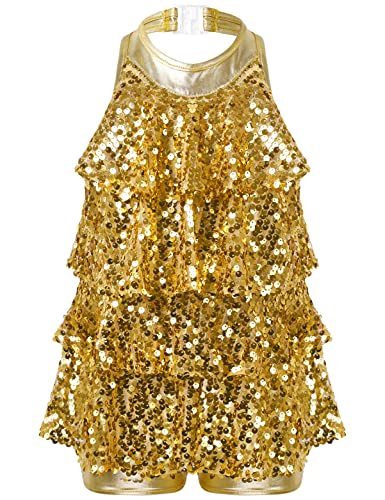 Alvivi Mädchen Tanzkleid Glänzend Pailletten Kleid Latein Rumba Cha Cha Tango Samba Bauchtanz Kleid Karneval Fasching Party Kleid A Gold 146-152 von Alvivi