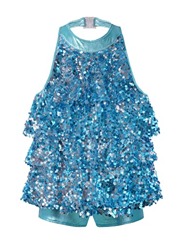 Alvivi Mädchen Tanzkleid Glänzend Pailletten Kleid Latein Rumba Cha Cha Tango Samba Bauchtanz Kleid Karneval Fasching Party Kleid Aa Blau 146-152 von Alvivi