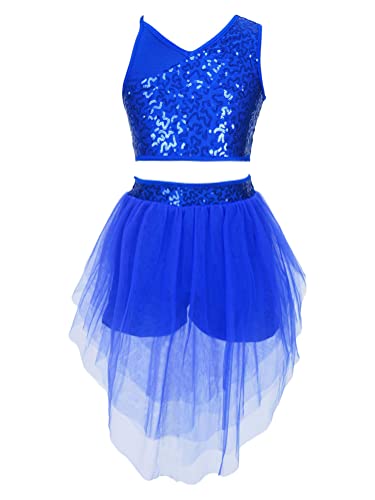 Alvivi Mädchen Tanzkleid Glitzer Ballettkleid Pailletten Crop Tops mit Mesh Hosenrock Ballerina Latein Modern Dance Jazz Tanzkleidung Royal Blau 134-140 von Alvivi