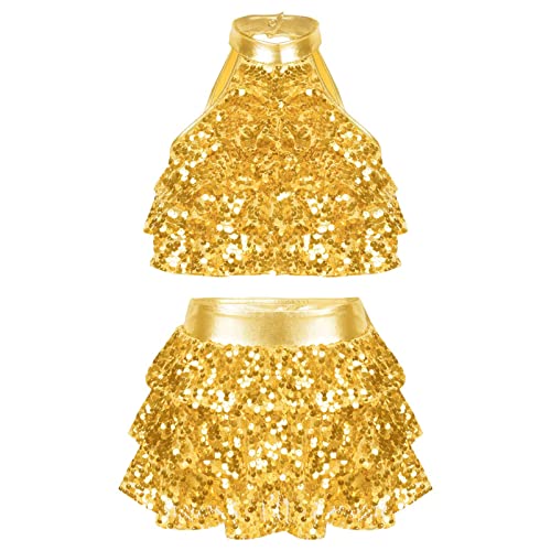 Alvivi Mädchen Tanzkleid Latein Pailletten Kleid Jazz Modern Dance Kostüm Crop Tops mit Rock Shorts Ballsaal Tanzkostüm Dancewear A Gold 158-164 von Alvivi