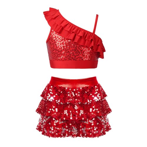 Alvivi Mädchen Tanzkleid Latein Pailletten Kleid Jazz Modern Dance Kostüm Crop Tops mit Rock Shorts Ballsaal Tanzkostüm Dancewear E Rot 122-128 von Alvivi