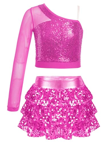 Alvivi Mädchen Tanzkleid Latein Pailletten Kleid Jazz Modern Dance Kostüm EIN-Schulter Langarmshirt Tops mit Rock Shorts Ballsaal Tanzkostüm A Dunkel Rosa 170-176 von Alvivi