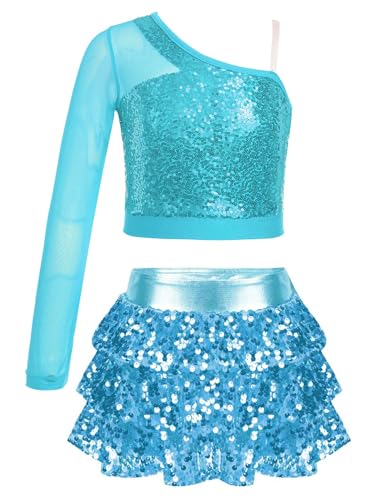 Alvivi Mädchen Tanzkleid Latein Pailletten Kleid Jazz Modern Dance Kostüm EIN-Schulter Langarmshirt Tops mit Rock Shorts Ballsaal Tanzkostüm A Hellblau 110-116 von Alvivi