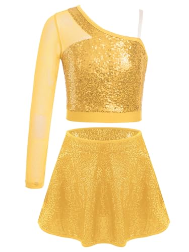 Alvivi Mädchen Tanzkleid Latein Pailletten Kleid Jazz Modern Dance Kostüm EIN-Schulter Langarmshirt Tops mit Rock Shorts Ballsaal Tanzkostüm B Gold 134-140 von Alvivi