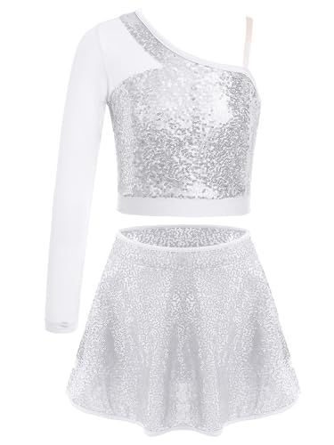 Alvivi Mädchen Tanzkleid Latein Pailletten Kleid Jazz Modern Dance Kostüm EIN-Schulter Langarmshirt Tops mit Rock Shorts Ballsaal Tanzkostüm B Silber 122-128 von Alvivi