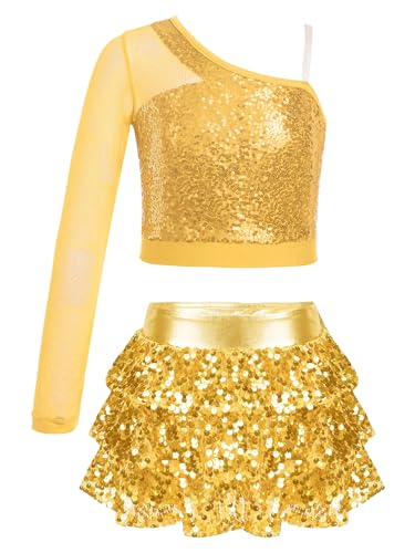 Alvivi Mädchen Tanzkleid Latein Pailletten Kleid Jazz Modern Dance Kostüm EIN-Schulter Langarmshirt Tops mit Rock Shorts Ballsaal Tanzkostüm A Gold 110-116 von Alvivi
