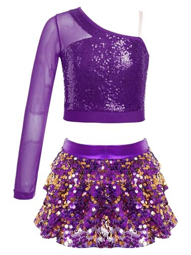 Alvivi Mädchen Tanzkleid Latein Pailletten Kleid Jazz Modern Dance Kostüm EIN-Schulter Langarmshirt Tops mit Rock Shorts Ballsaal Tanzkostüm A Lila 158-164 von Alvivi