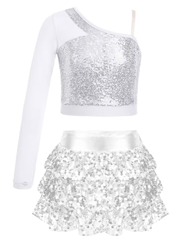 Alvivi Mädchen Tanzkleid Latein Pailletten Kleid Jazz Modern Dance Kostüm EIN-Schulter Langarmshirt Tops mit Rock Shorts Ballsaal Tanzkostüm A Silber 146-152 von Alvivi