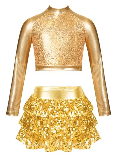 Alvivi Mädchen Tanzkleid Latein Pailletten Kleid Jazz Modern Dance Kostüm Glänzend Langarmshirt Crop Tops mit Rock Shorts Ballsaal Tanzkostüm Gold 146-152 von Alvivi